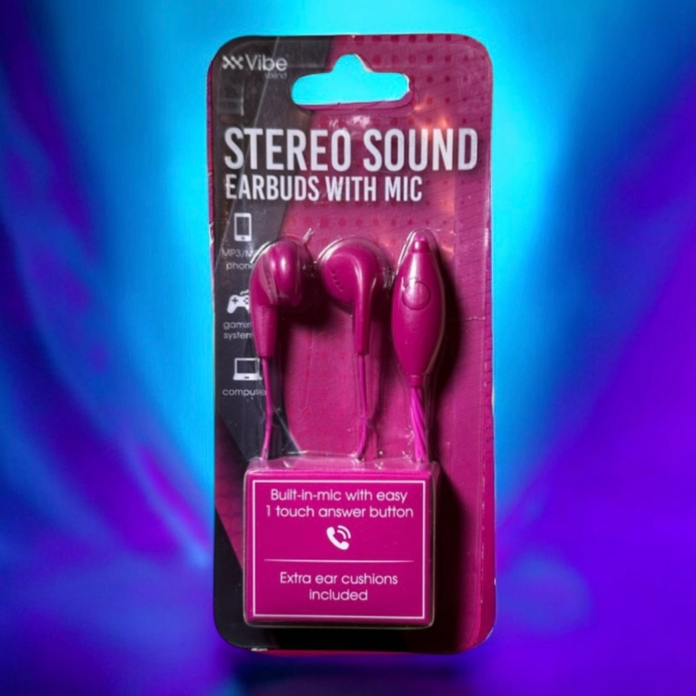 Vibe Stereo Sound Earbuds with Mic - Vibrant Pink New! Stocking Stuffer!